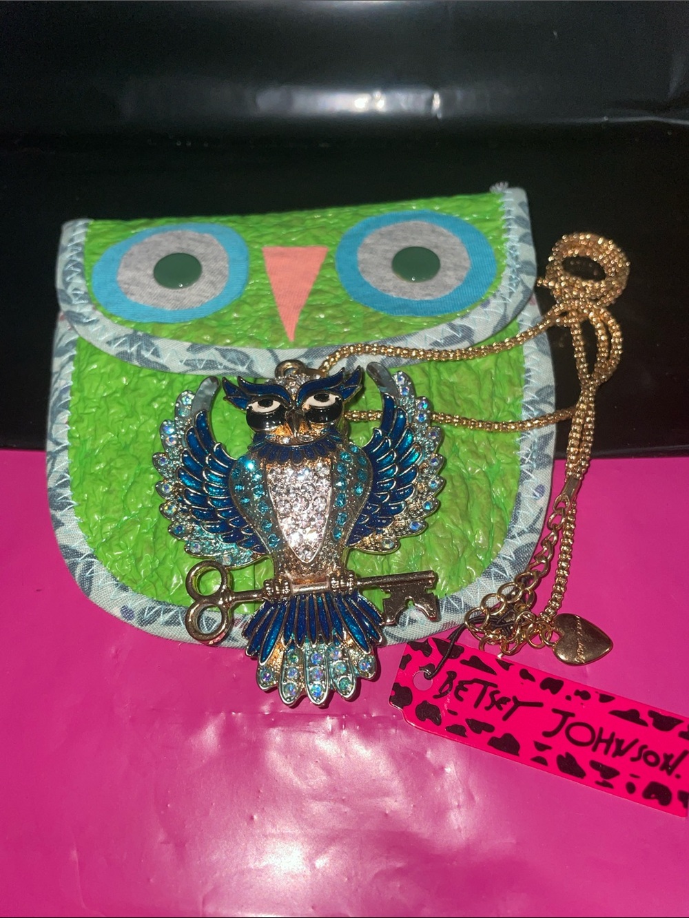 Betsey Johnson Blue and Gold Crystal Owl Pendant with Green Owl Pouch
